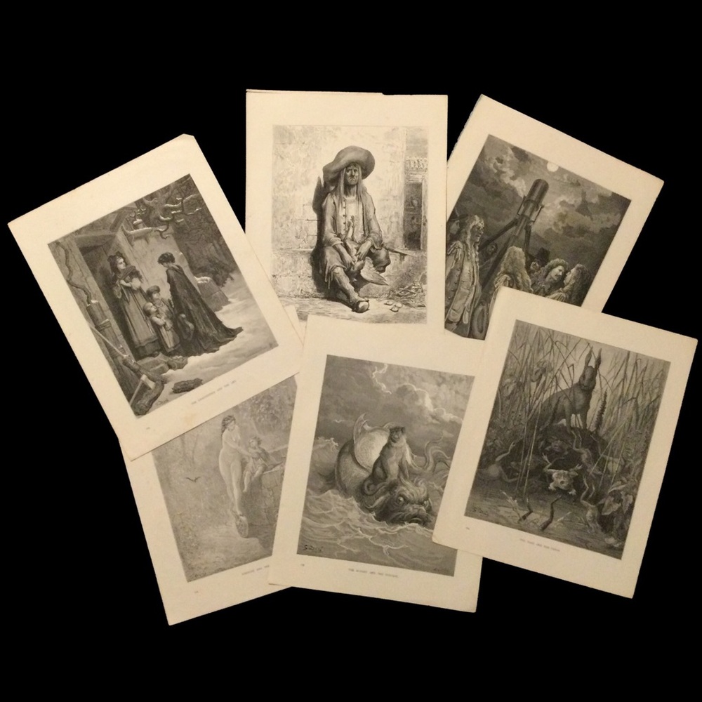 6 - c1890 Prints from La Fontaine Fables Engravings by Gustave Doré